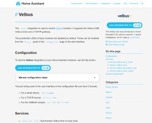 Screen grab of the Home Assistant page for Velbus
